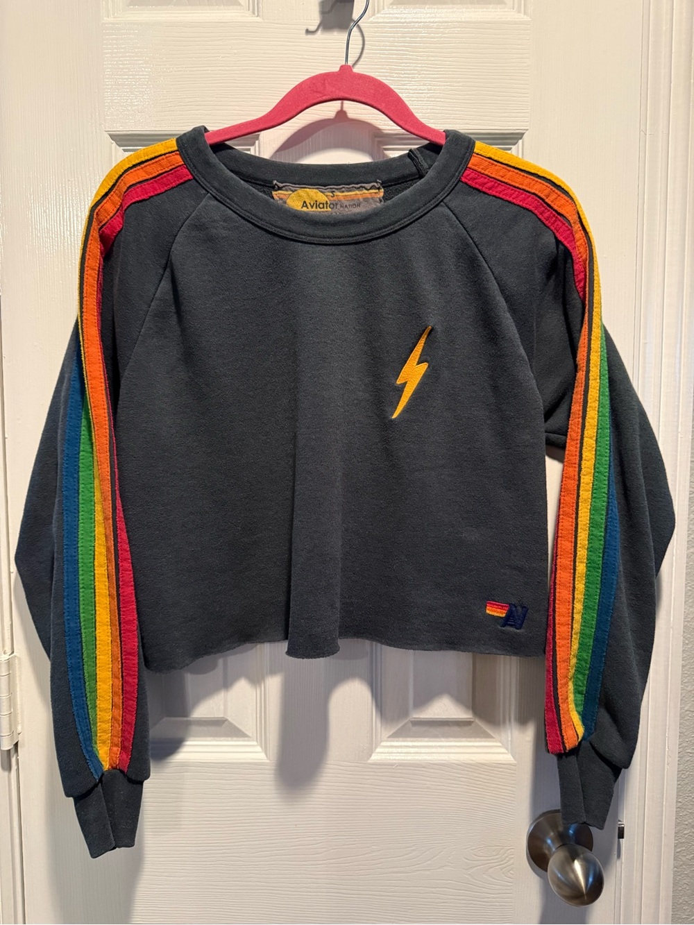 Aviator Nation Rainbow Stripe Cropped Crewneck Sweatshirt Lightning Bolt Made US